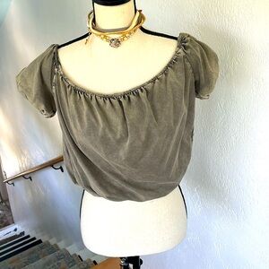 Free People Ruched cropped washed Gray Brown Short Sleeve Boho Puff Sleeve Top M